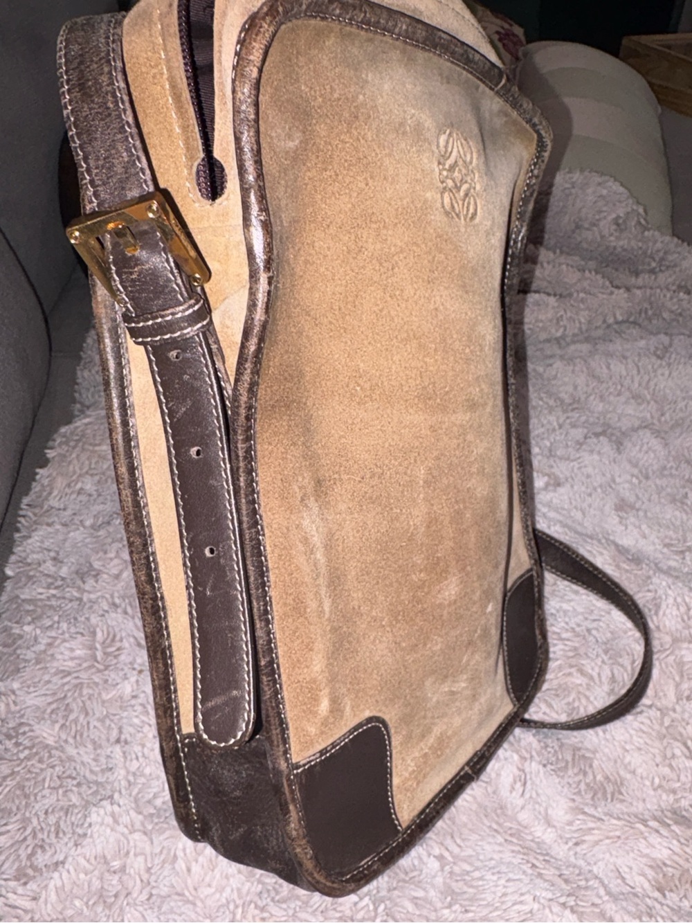 Vintage Loewe Tan Suede Crossbody Bag with Dark Brown Leather Trim - Shows Wear